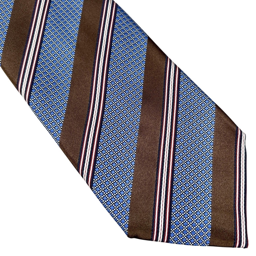 Ermenegildo Zegna Silk Tie Blue Brown Striped Geometric Pattern Italy Classic